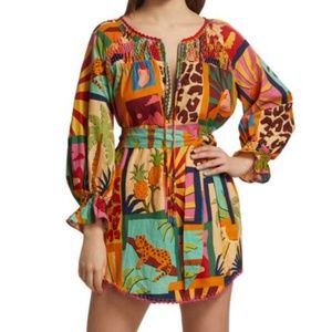 NWT - FARM RIO Tropical Collage Linen-Blend Tunic Dress